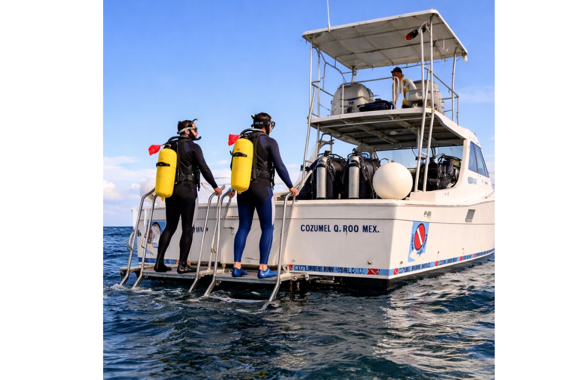 Boat snorkeling experience in Cozumel with certified divers gearing up during a Cozumel Snorkeling Tours trip.