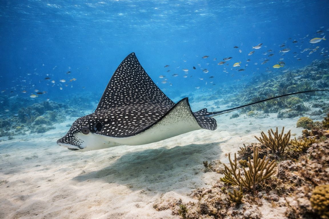 Spotted eagle ray gliding over sandy seabed at Cozumel reef photographed during a Cozumel Snorkeling Tours guided excursion.